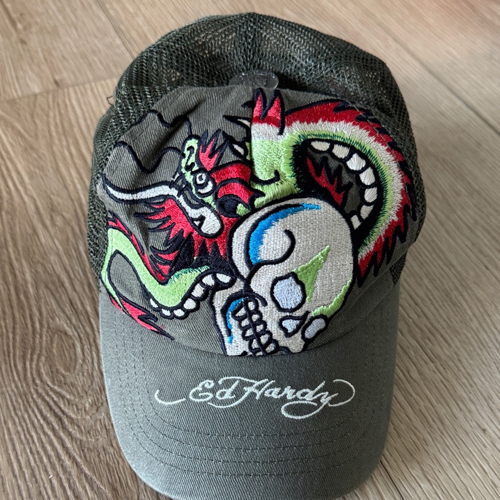 Ed Hardy Gray Cap with Skull and Dragon Embroidery